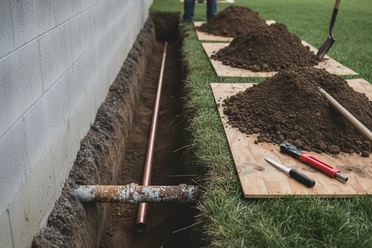 Excavated water line trench during Water Softener Installation in Limekiln